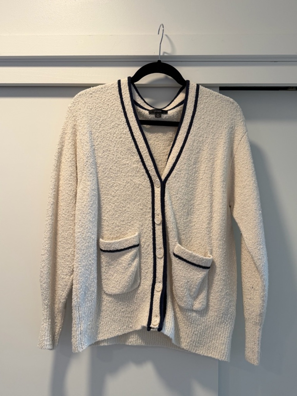 J. Crew Cream Bouclé Cardigan with Navy Trim
